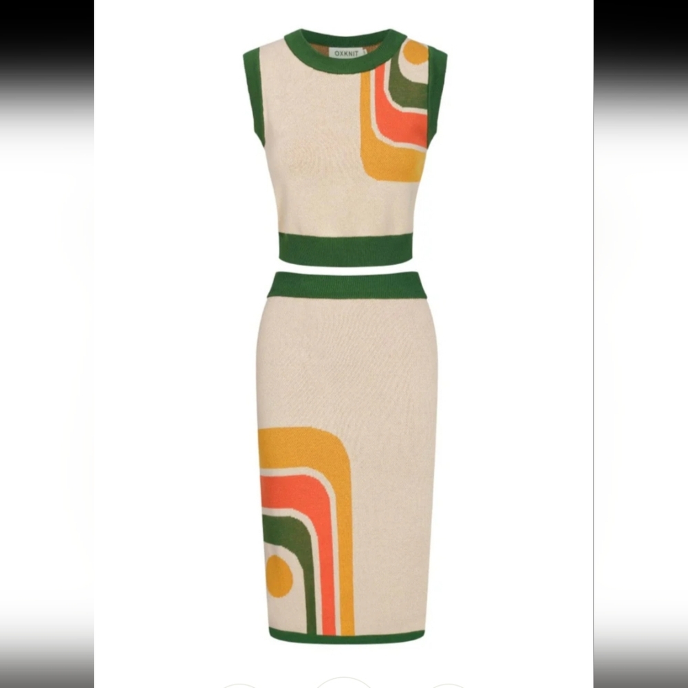 Cream Multicolor Knit Midi Skirt - Green Trim